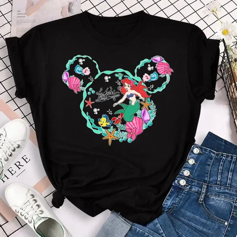 Camiseta de princesa sirena con cabeza de Mickey para mujer, Top de moda informal, camiseta de princesa linda, Camiseta de cuello redondo para mujer