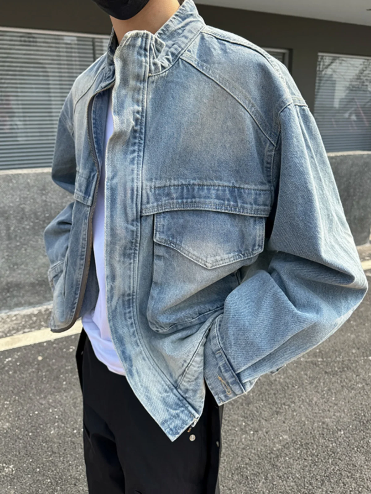 

SuperAen Retro Distressed Washed Design Short Denim Jacket for women Spring Autumn 2024 Casual Stand Up Collar Loose Jacket