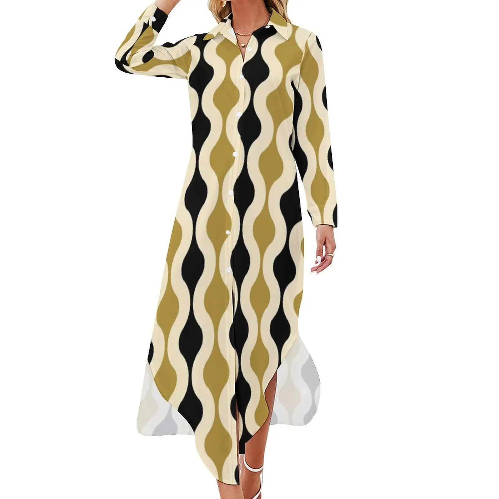 

Groovy 70's pattern black and gold Long Sleeved Shirt Dress Female dress bandage dress prom women's evening dresses 2024