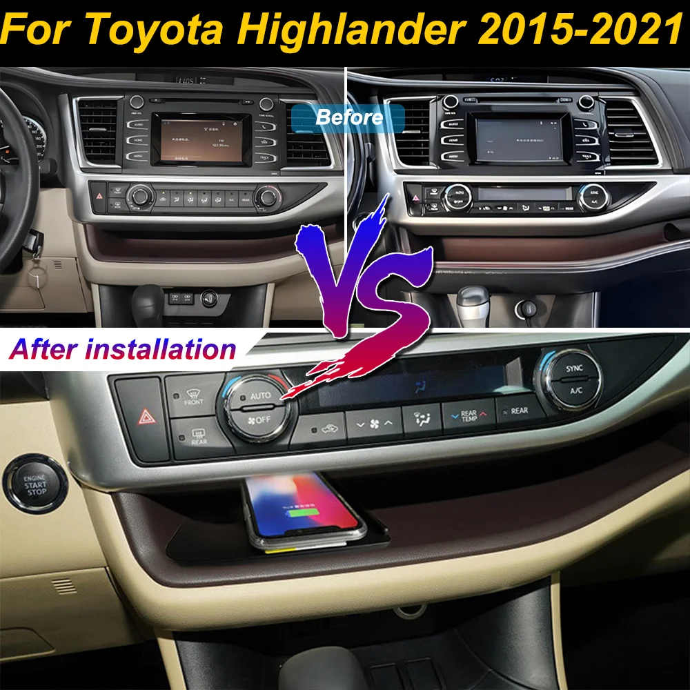 2Din for Toyota Highlander 2015-2021Car Wireless Mobile Phone Charger Center Console Storage 18W iphone fast charge plate holder