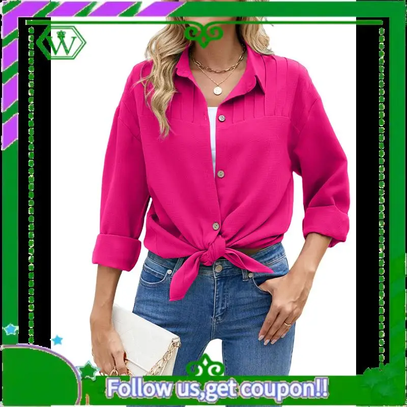 

A18P-Womens Long Sleeve Button Down Shirts Oversized Collared Drop Shoulder Work Tops Textured Loose Blouse