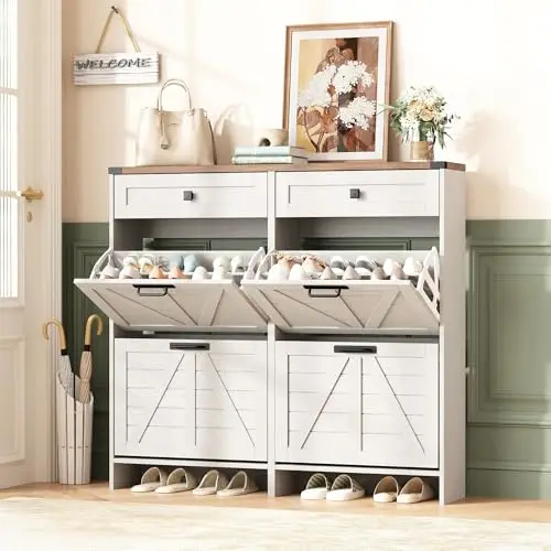 Shoe Cabinet with 4 Flip Drawers & 2 Drawers,Farmhouse Shoe Storage Cabinet for Entryway,Slim Freestanding Organizer