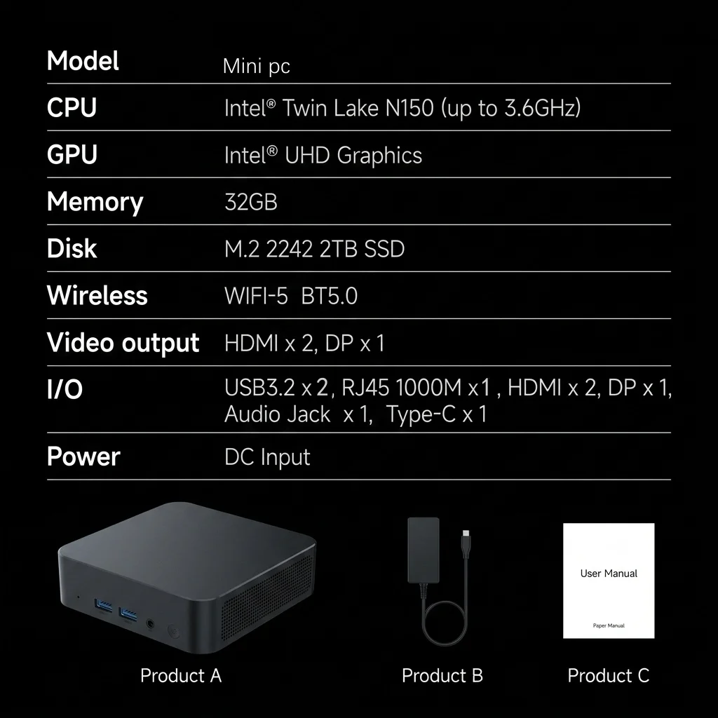 2026 4K Mini PC Intel Twin Lake N150 CPU Windows 11 Pro Mini PC 32GB RAM 512GB 1TB 2TB SSD WiFi5 BT5.0 Portable Desktop Computer