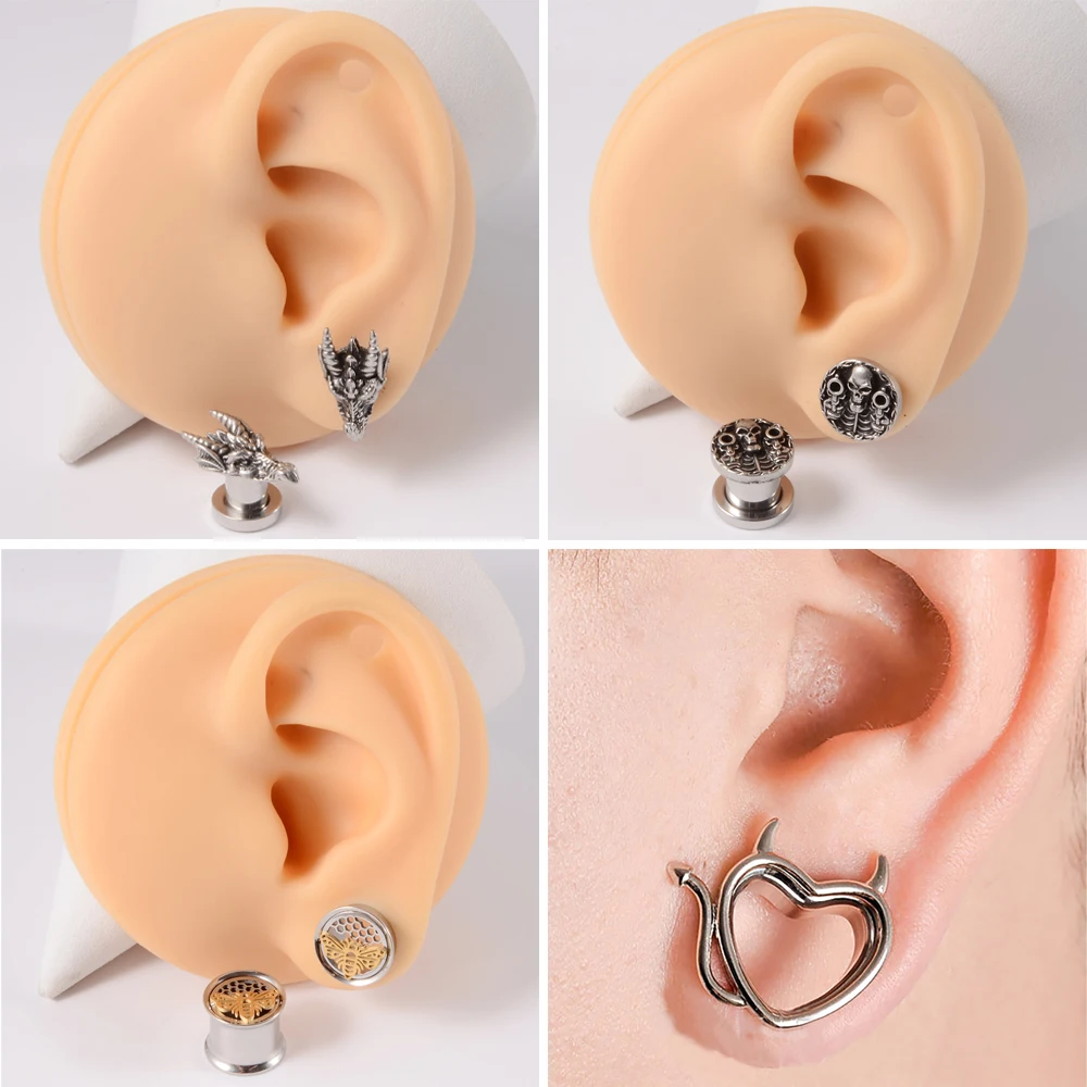 Bouchons de Tunnel d'oreille en acier inoxydable, 1 pièce, crâne, serpent, Dragon, croix, extenseur, jauges, Piercing, creux, bijoux pour le corps