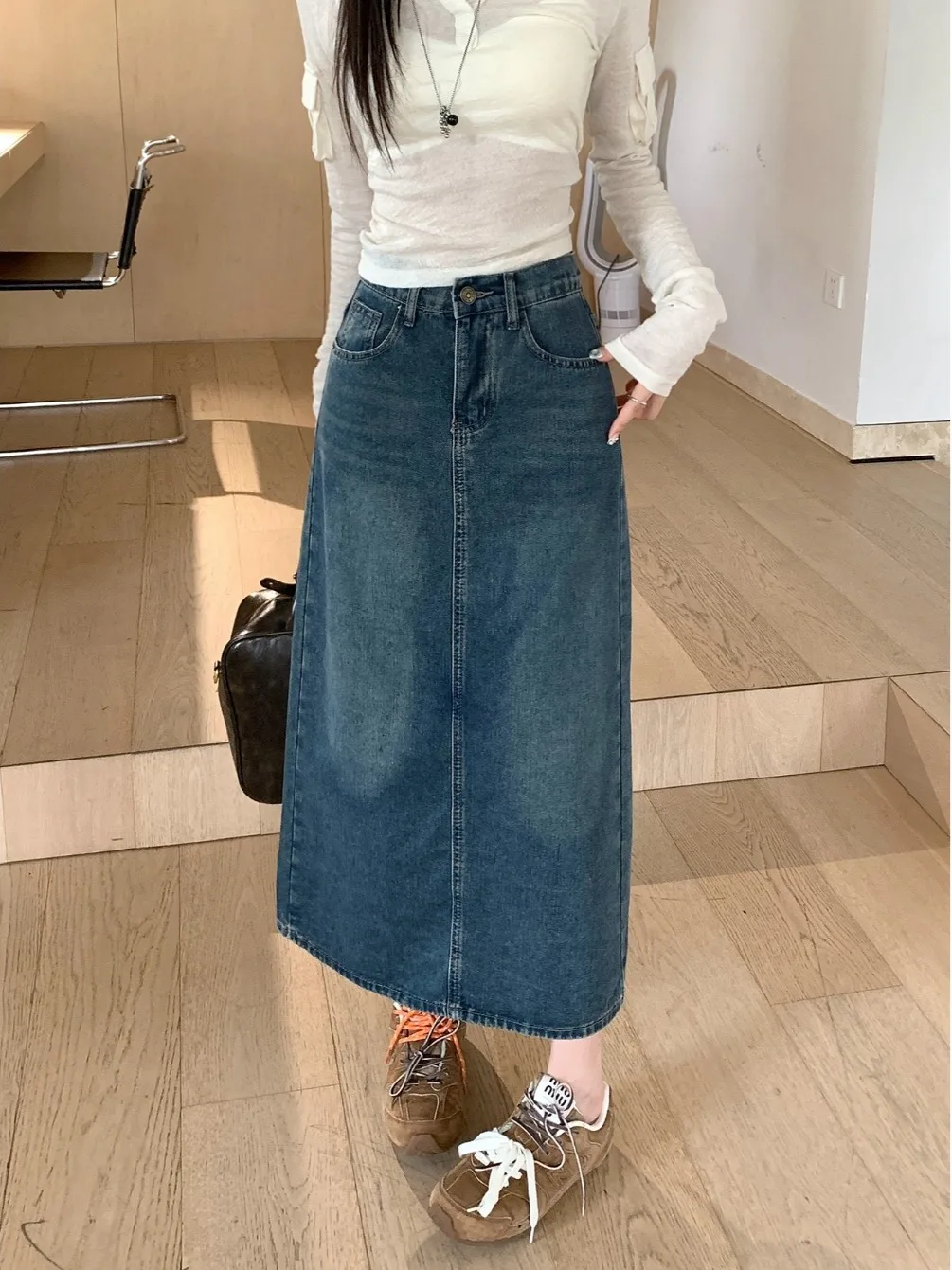 

High Waist A-Line Skirt Korean Style Denim Wrap Spring New Vintage plus Size Slimming Mid-Length Bodycon Skirt
