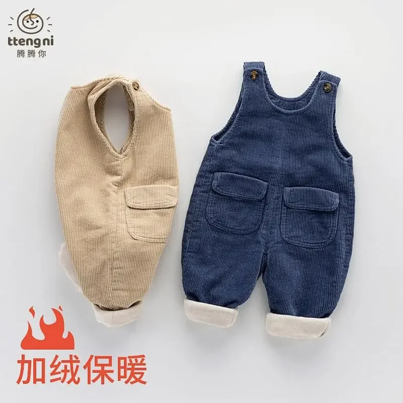 Children'S Corduroy Overalls Winter Thickened Plus Velvet Jumpsuits Baby Warm One-Pieces Bodysuit Boys Girls Retro Simple Trouse