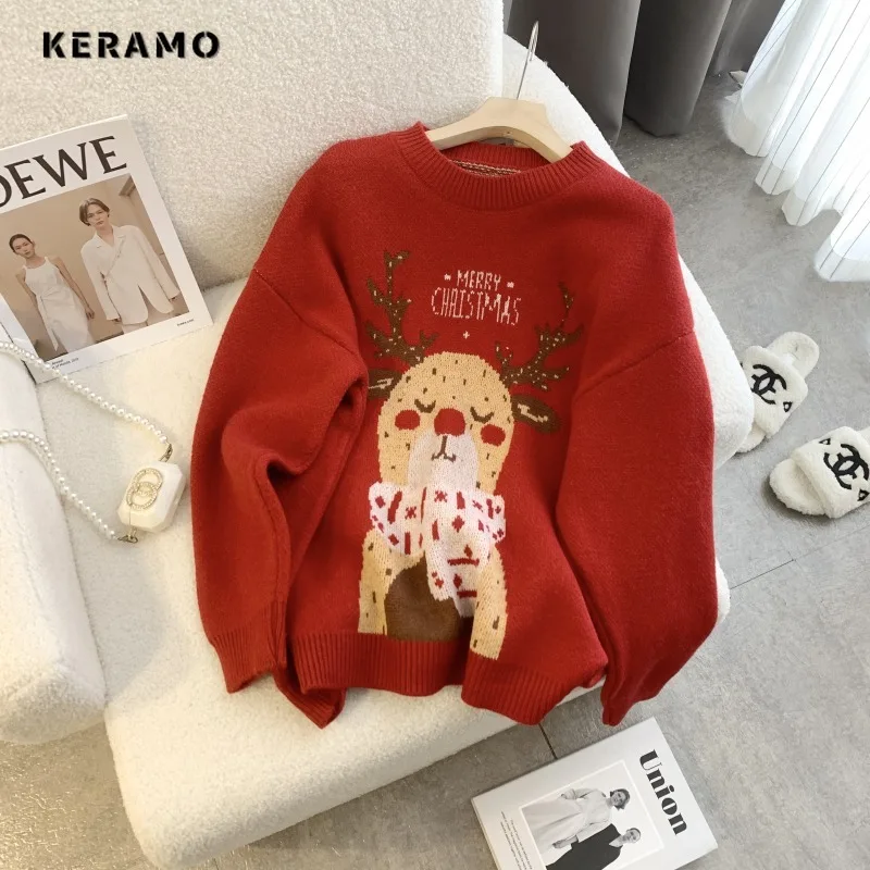 2023 Winter Casual Knitting Long Sleeve Animal Print Pullovers For Women Chirstmas Vintage Loose Fit Knitwear Sweater Top