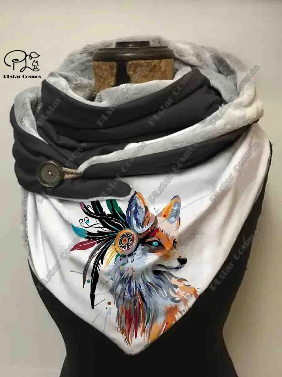 3D printing animal series cute fox fallen leaves snowflake pattern women\'s warm shawl spring and winter small triangle scarf H-4