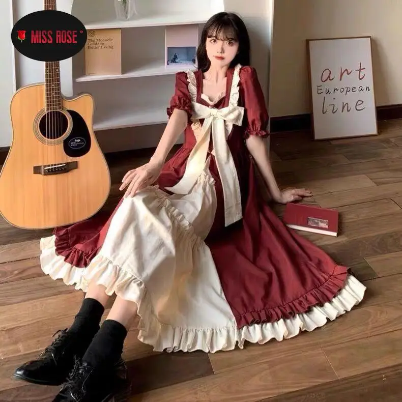 Women Lady Girl Wine Red Long Midi Dress Summer Autumn Winter JK Sailor Uniform Party Club Banquet Dinner Palace Gothic Dresses