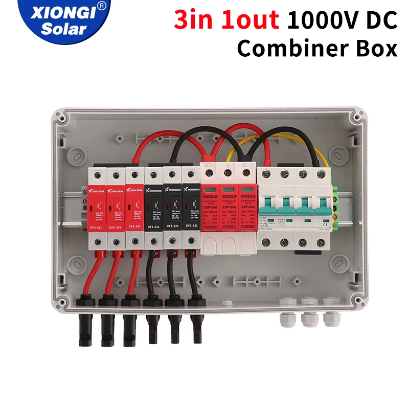 

Solar Photovoltaic PV Combiner Box 3int-1out-1000V DC String IP65 PV Solar Surge Lightning Protection Outdoor Waterproof