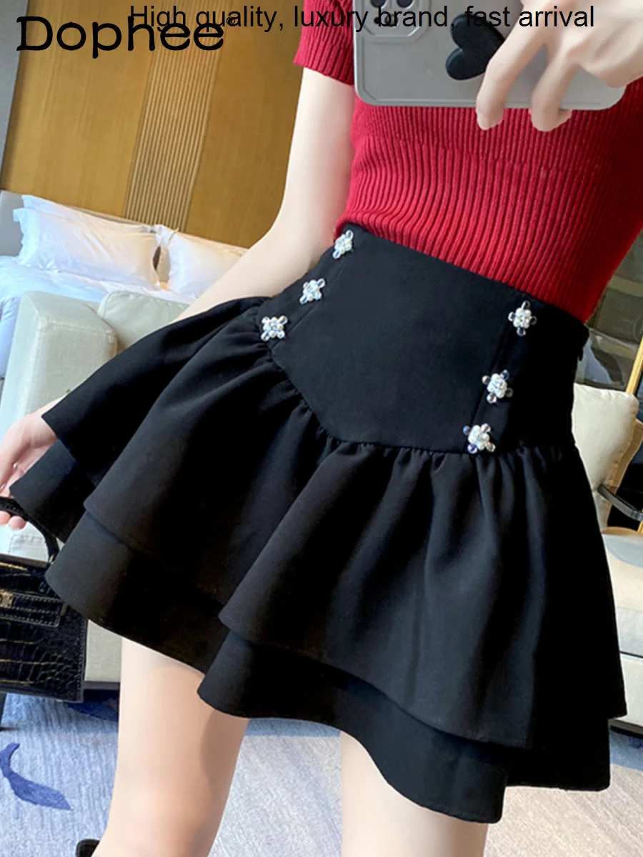 

Rhinestone Beaded Exquisite A- Line Mini High Waist Short Faldas 2023 Spring Autumn Ruffles Slimming Black Pleated Skirt