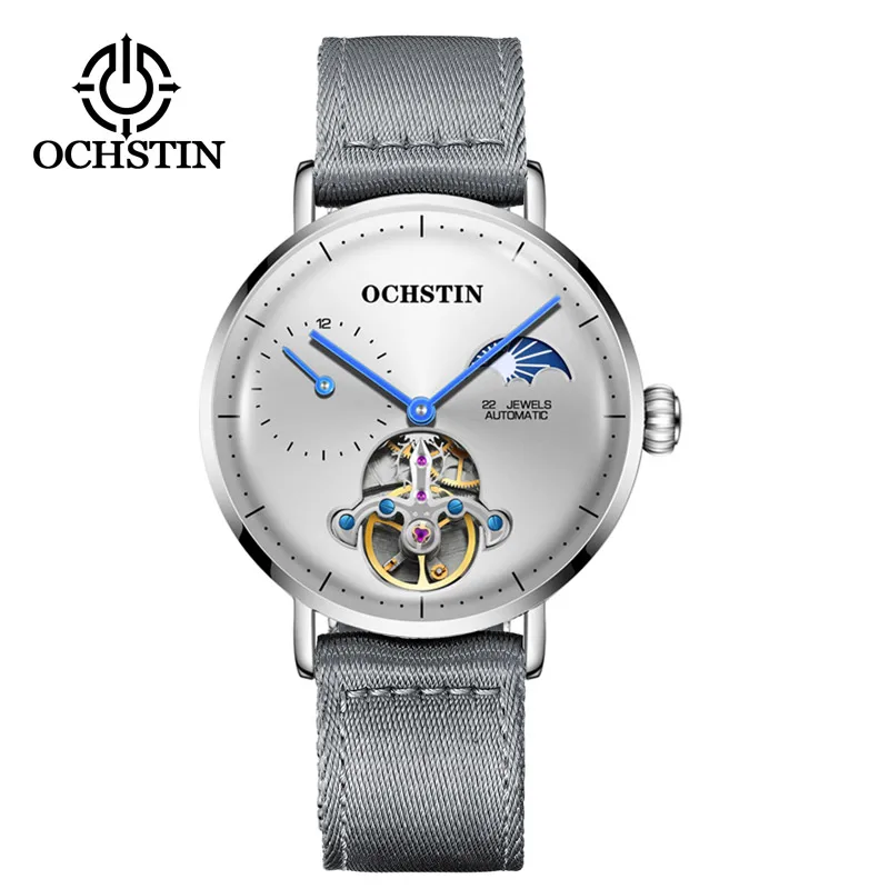 OCHSTIN Business Tourbillon Mechanical Men's Watches Woven Nylon Band Cover Glass Silver Case Moon Phase Clock Relogio Masculino