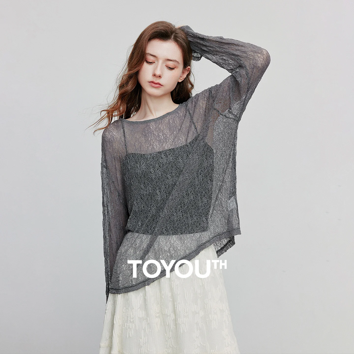 

TOYOUTH Women Long Sleeve T-shirt 2025 Autumn New Hollow Lace See Through Sexy Blouses Tops