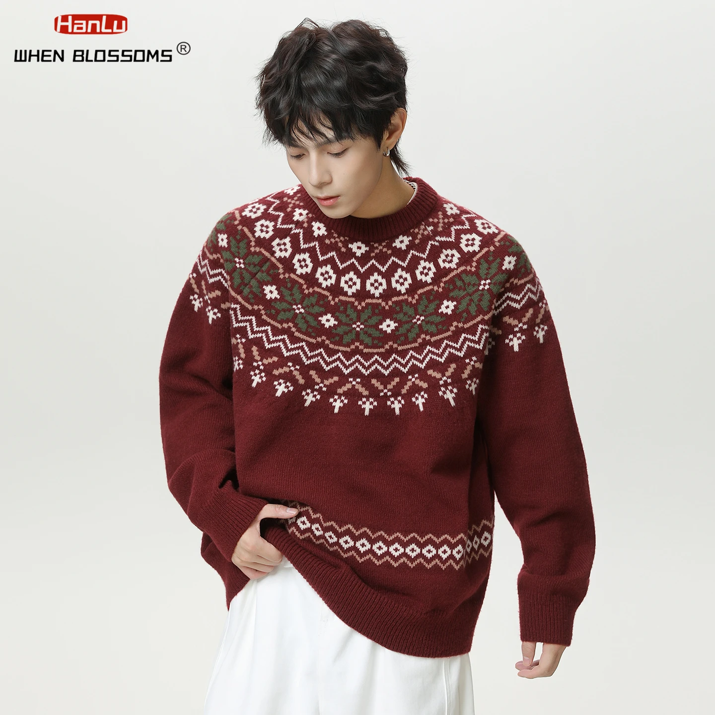 Hanlu 2025 Men's Fair Isle Sweater Vintage American Style Textured Knitwear Oversized Casual Crewneck Pullover