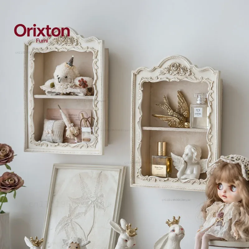 Resin Nordic Distressed Decorative Shelf Countryside Exquisite Carved Two-layer Display Stand High-quality Luxury Home Decor