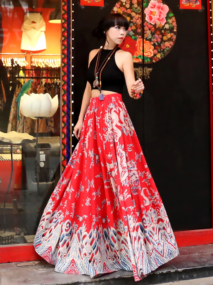 TIYIHAILEY Long Floor Length A-line Elastic Waist Women Spring Autumn Cotton Linen Printed Big Hem Skirts New Custom Made 2025