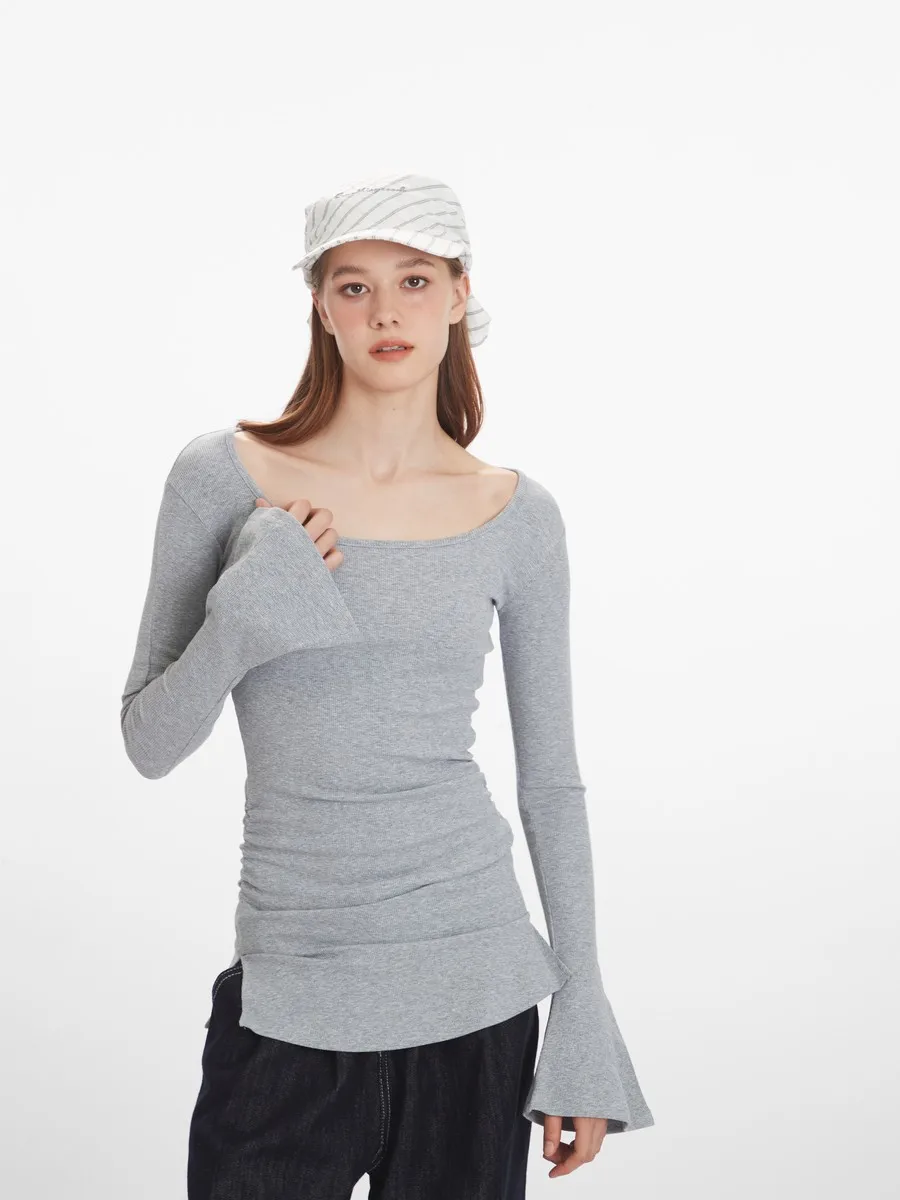

Flare Long Sleeve Basic Pure Color Folds Slim Fit Office Elegant Tops for Women Girls Business Oneck Inner T-shirts Winter Fall