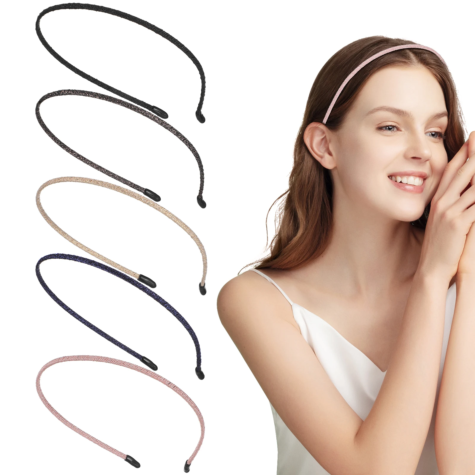 

5 Pcs Vintage Headbands Elastic Thin Women Cloth Covered Hair Bands Black Blue Brown Hair Accessories Styling Tools