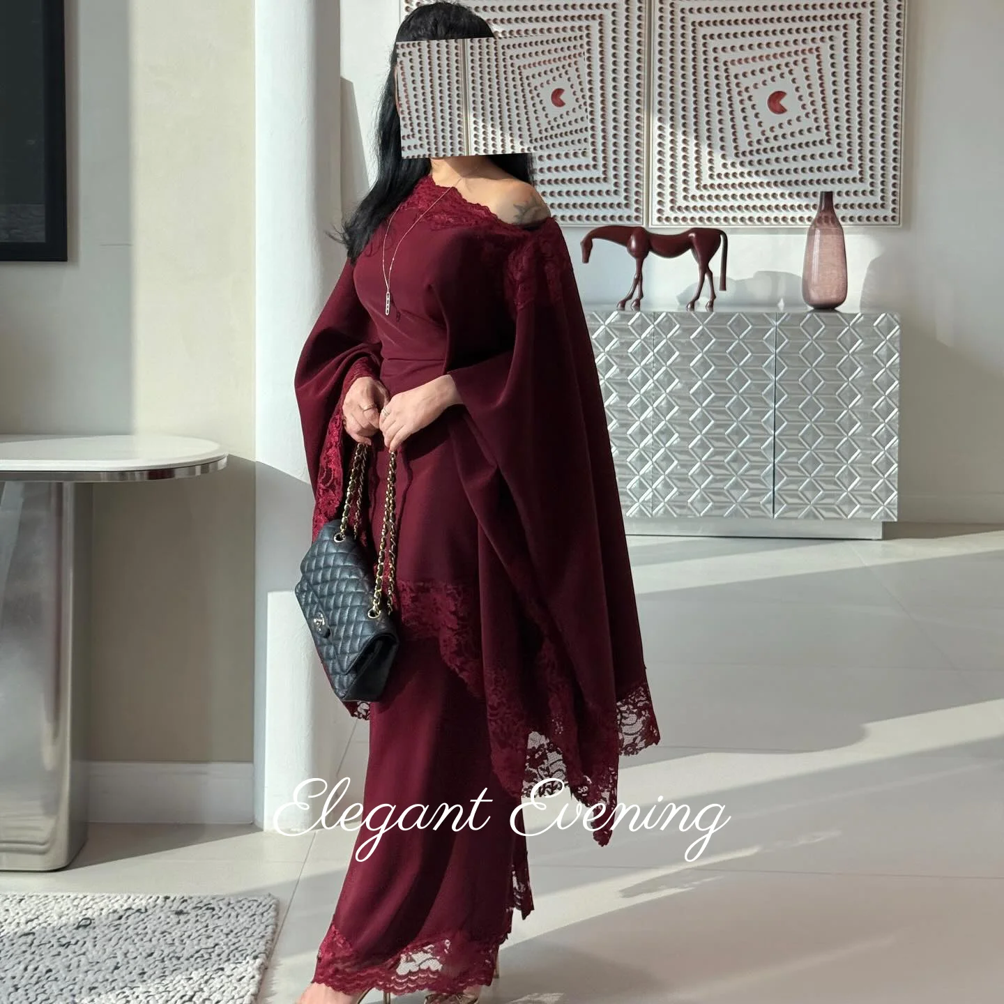 Women Formal Wear Dubai - Bordeauxrode kant bescheiden maxi jurk gala