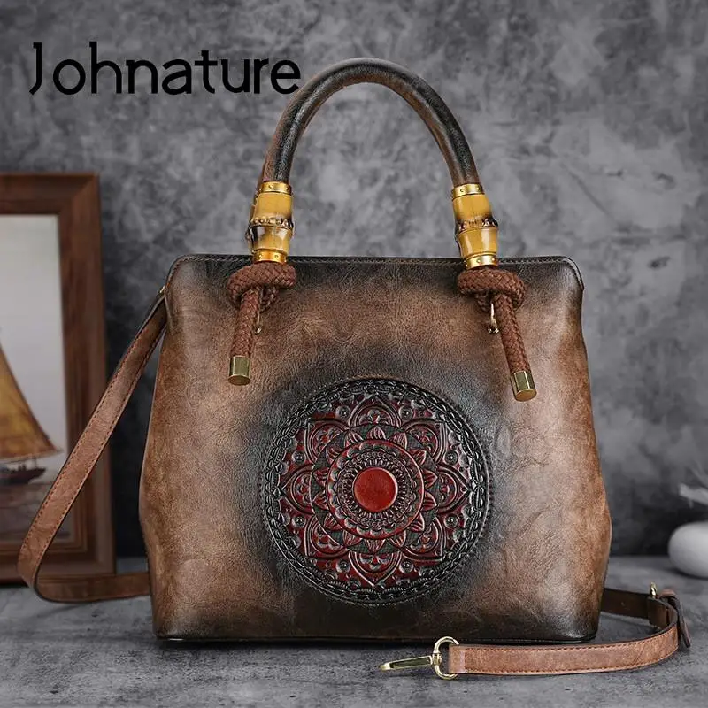 Johnature Retro Luxury Handbags Women Bags Designer 2024 New Handmade Embossed Shoulder Bags Casual Ladies Leather Bag