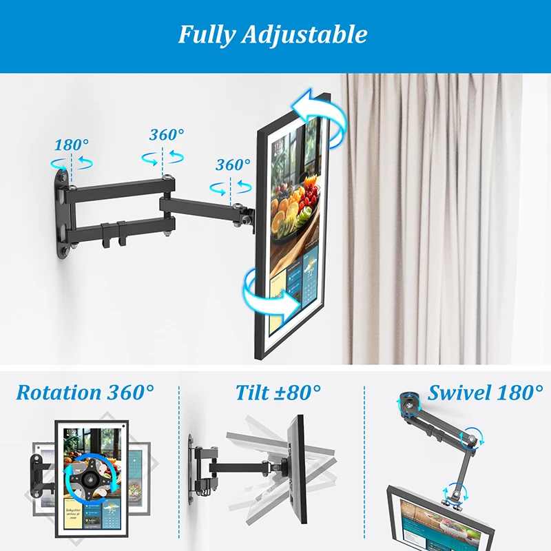 Für Echo show 15 Halter 360° verstellbarer Aluminiumlegierung Wandklappbare Teleskopstütze Sie Ihre Echo show 15 einfach nach vorne oder zurück, um den Blickwinkel zu verbessern (Schwarz) A364