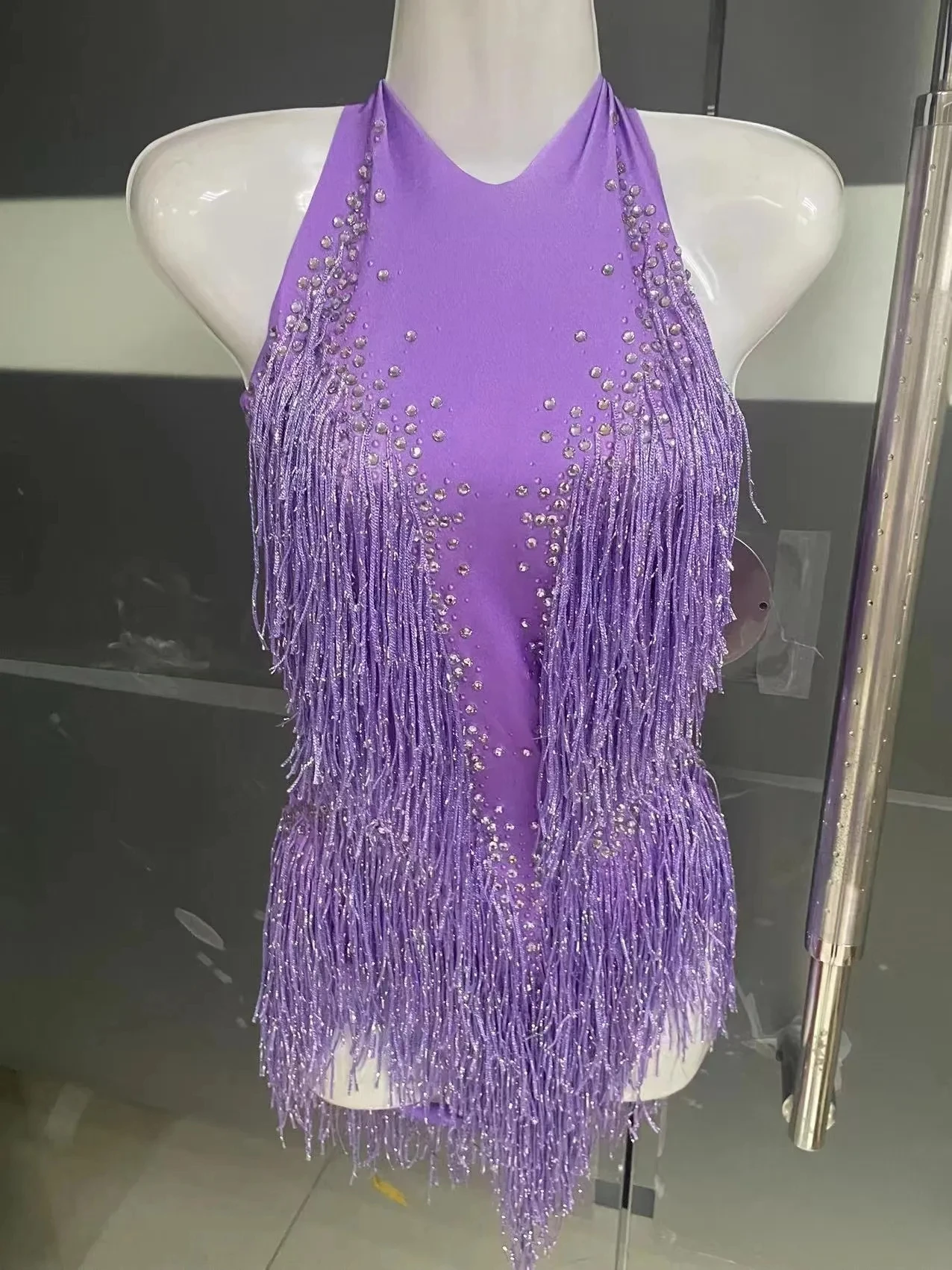 Funkelnde Strass steine Fransen Bodysuit Frauen Club Party Tanz Kostüm Bühne tragen sexy Quaste Trikot Performance-Kleidung