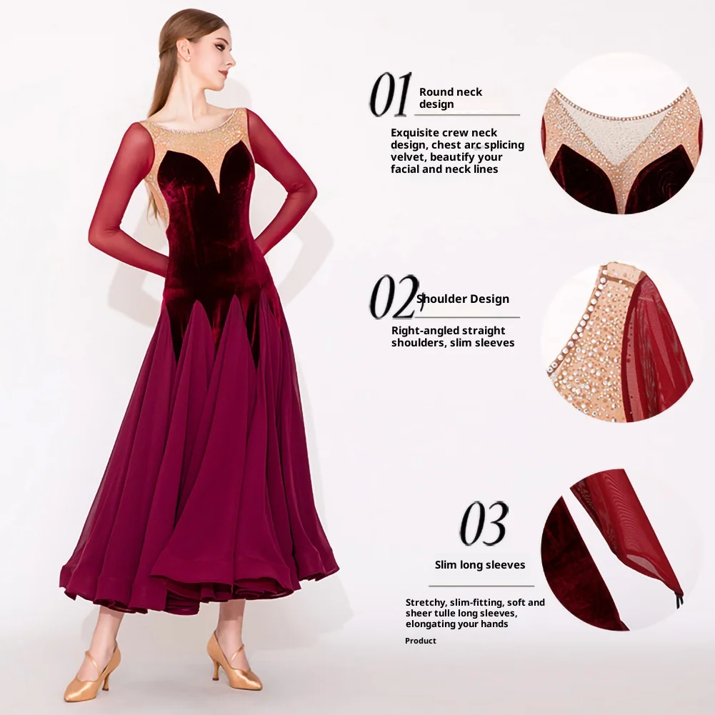 Vestido de baile nobre valsa, novo vestido de competição com strass para mulheres, saia de veludo, manga longa padrão, dança de salão