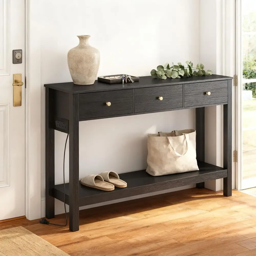 Soa Table with Outlets and USB Ports, ole Table with 3 Ders, Narrow Long Storage Shelves or Living Room, Couch, Hallway, oyer, E
