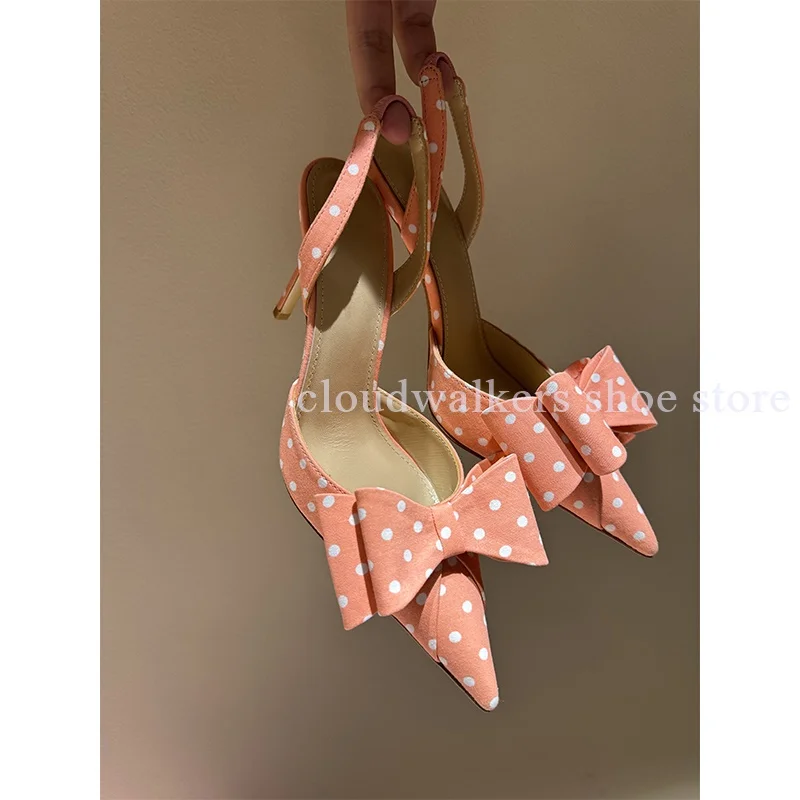 

New Satin Polka Dot Double Layer Three Dimensional Bow Decor Sandals Sexy Pointed Toe Mature Playful Slingback Stiletto Sandals