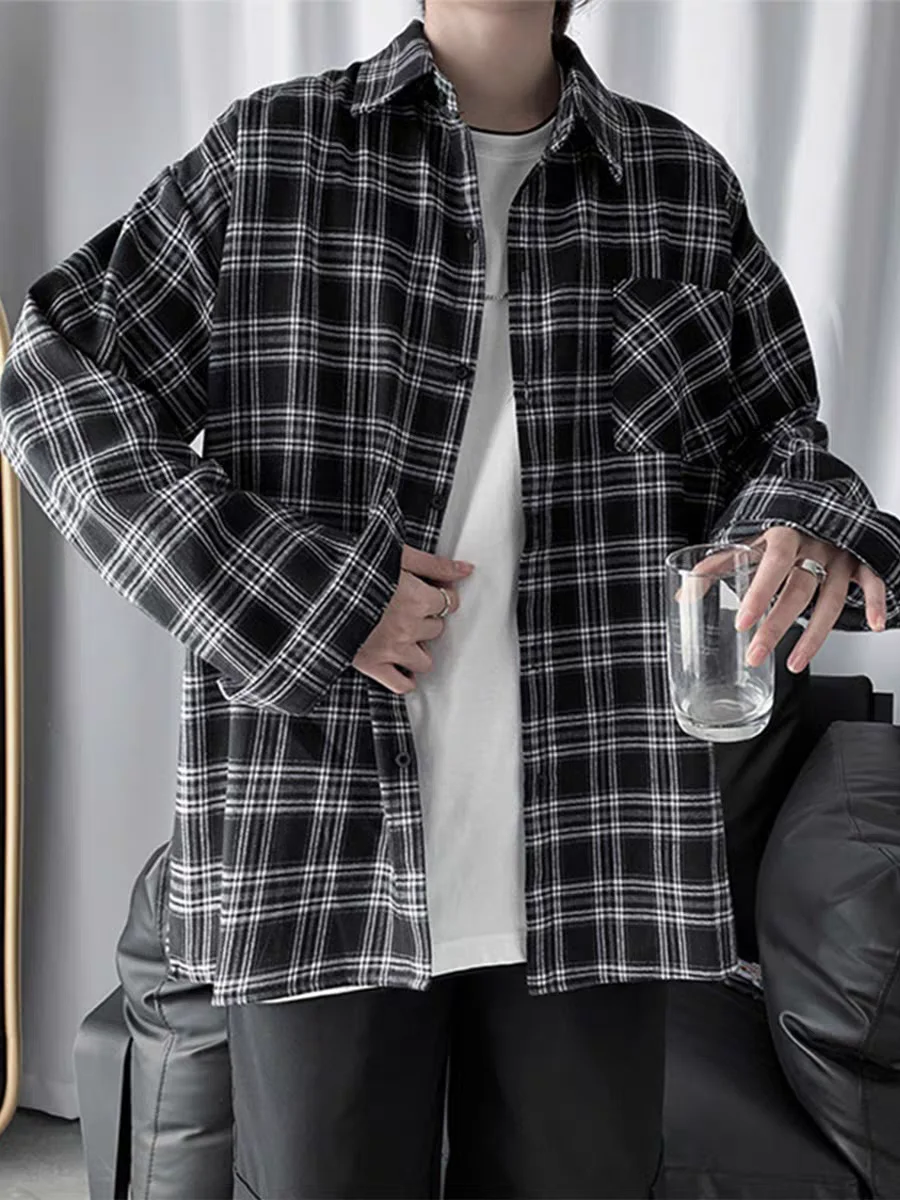 lightweightRetro green plaid shirt men's long sleeve spring and autumn new loose casual tide brand shirt casual coat