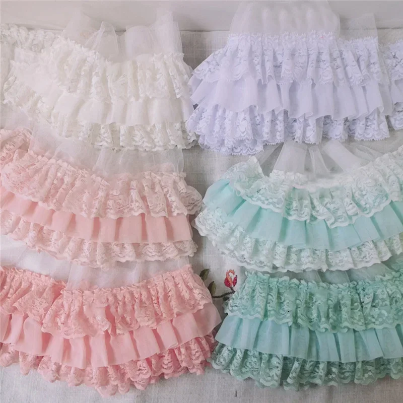

Pleated Chiffon Fabric Trim with Embroidered Guipure Lace and Ruffle Edge Ideal for DIY Dress Collars and Doll Clothing