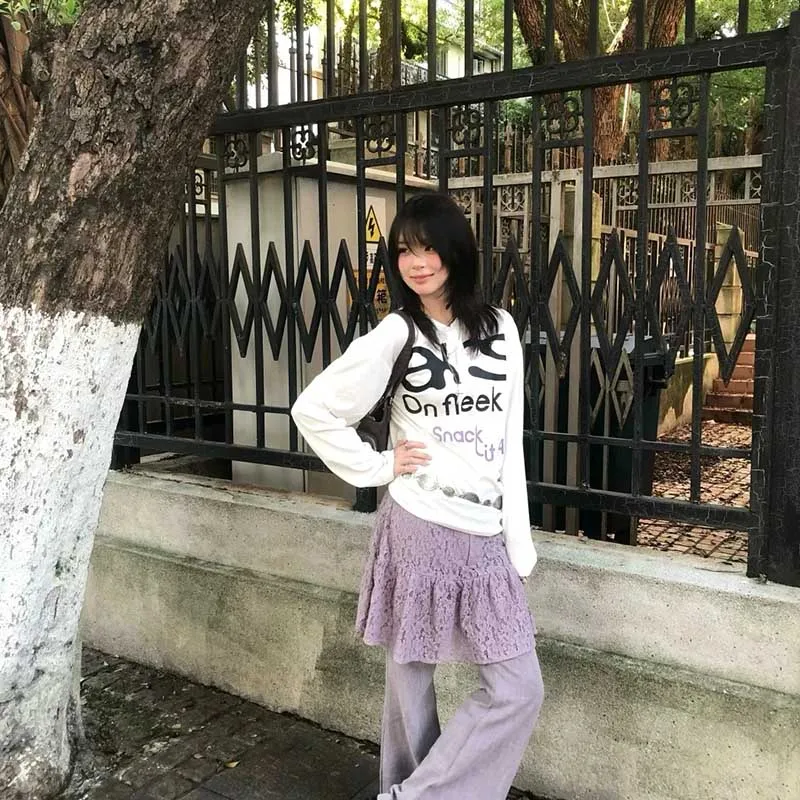 Harajuku تي شيرت مطبوع المرأة كم طويل فضفاض بلايز عادية Y2k خمر الجرونج القمم اليابانية 2000s الشارع الشهير بلايز