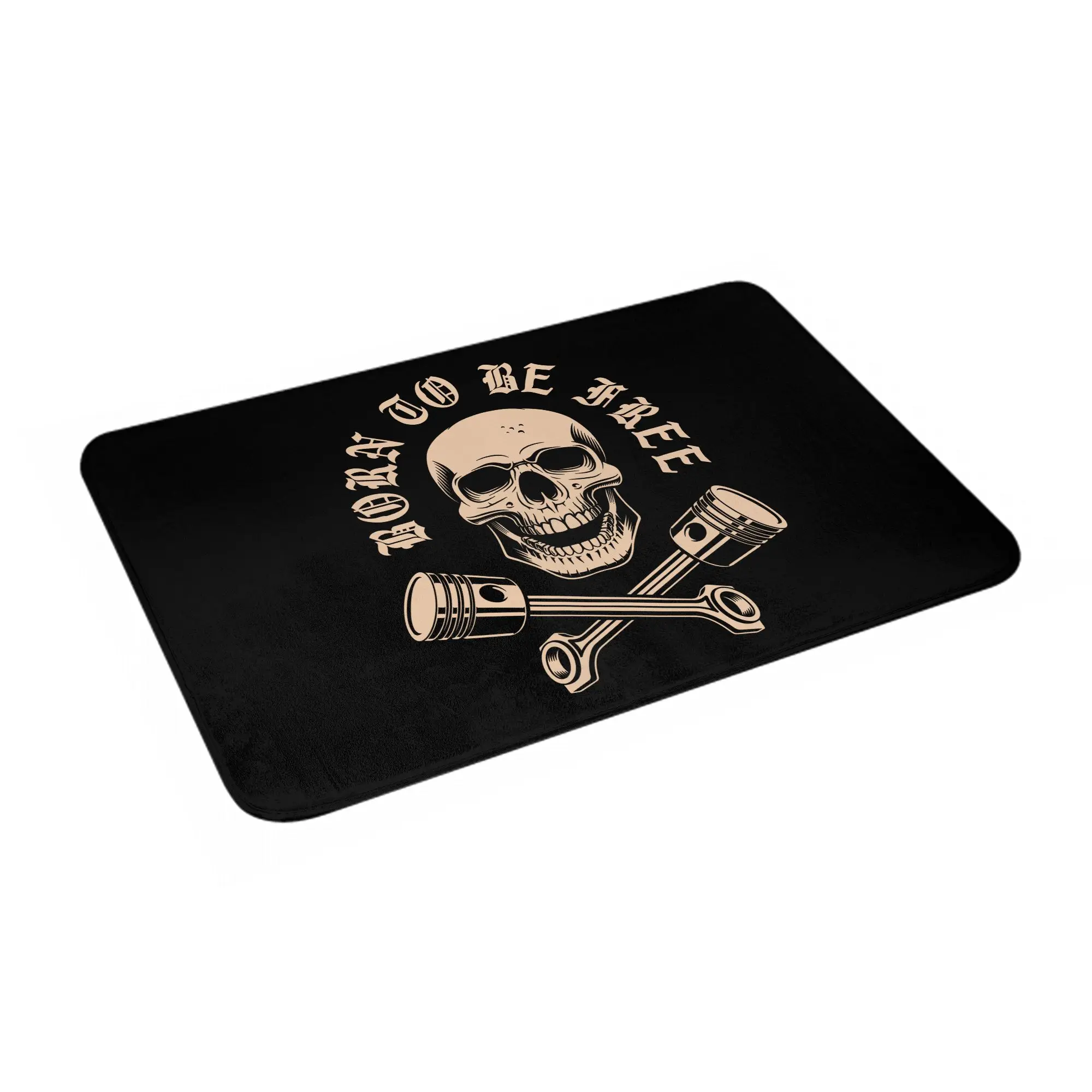 Born To Be Free Skull Crossed Engine Piston Doormat, Vintage Motorcycle Biker Print Non Slip Floor Rug, Water Absorbent Mat for