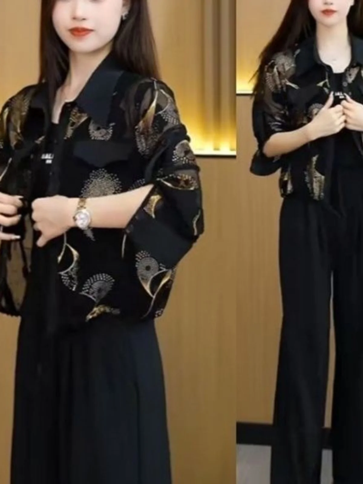 

Summer 2024 Trendy Long Sve irts Women's Polka Dot Print Chiffon Slim Fit Stand Collar Blouse Outerwear Casual Polyester