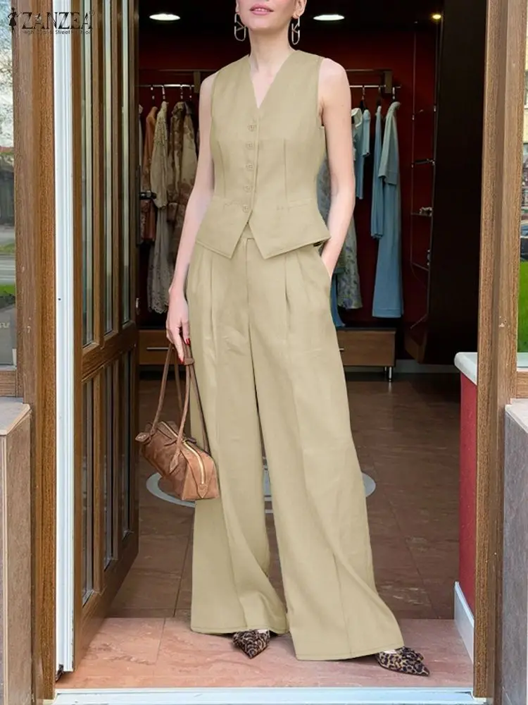 ZANZEA Sommer 2-teiliges Set 2025, Damen-Outfits, Hosenanzüge, eleganter V-Ausschnitt, ärmellose Westen, Tops, OL, Arbeit, weites Bein, Hosen-Sets