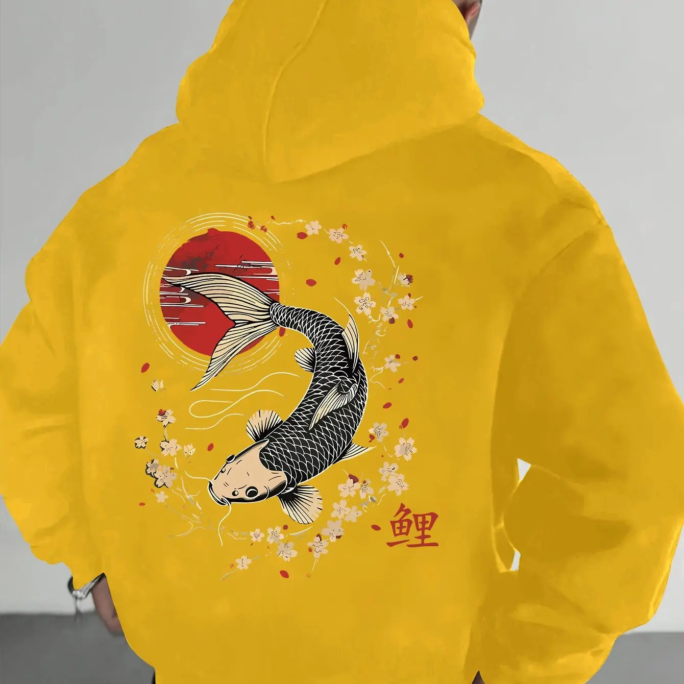 Men's Pullover Hoodie with Japanese Koi, Cherry Blossom and Chinese Character (koi) Design, Loose-fitting Casual Sweatshirt.