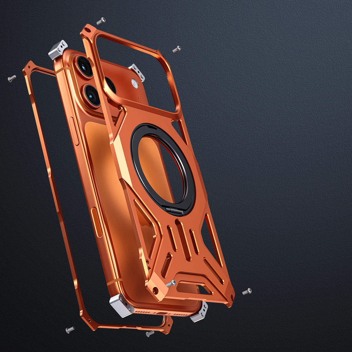 Całkowicie aluminiowa obudowa do iPhone'a 17 Pro 16 15 14 13 Pro Max, metalowa, odporna na wstrząsy, chroniąca przed upadkiem, z obrotowym pierścieniem i magnetycznym uchwytem. — zdjęcie produktu 3