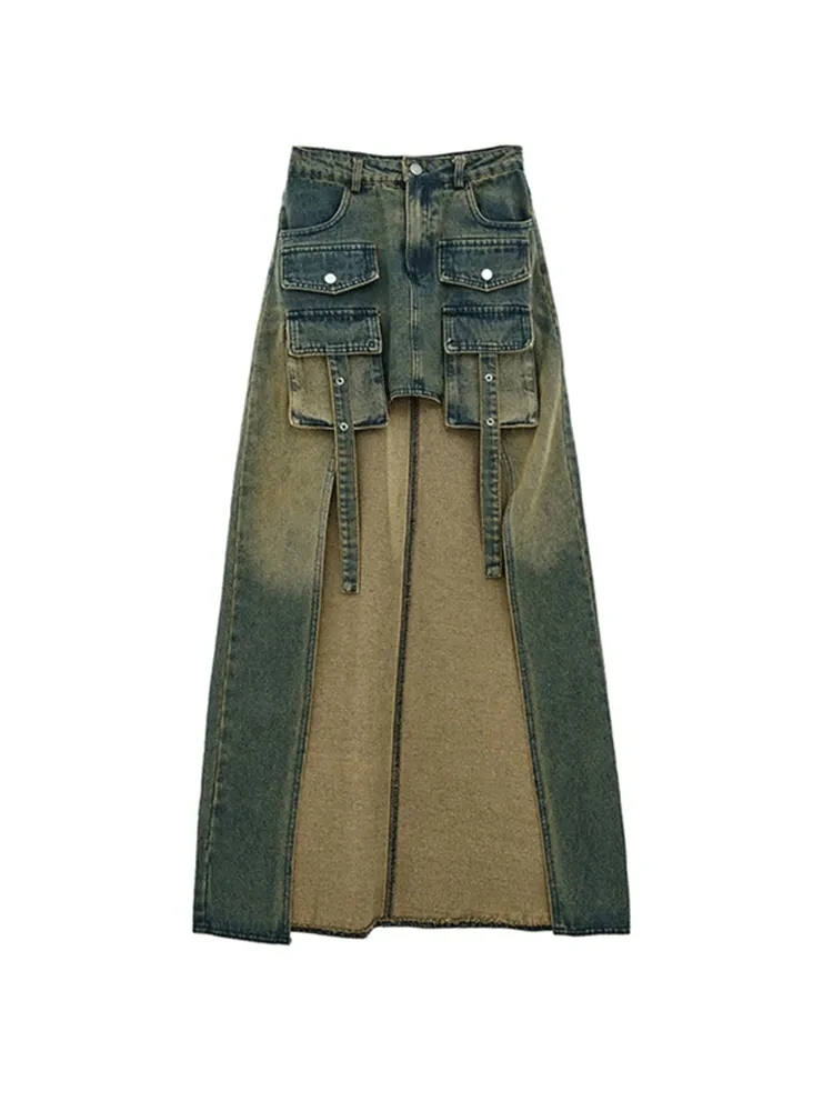 Women's A-line Cargo Denim Skirt Vintage Aesthetic Y2k Long Jean Skirt Harajuku Korean Asymmetrical Cowboy Skirts 2000s Clothes