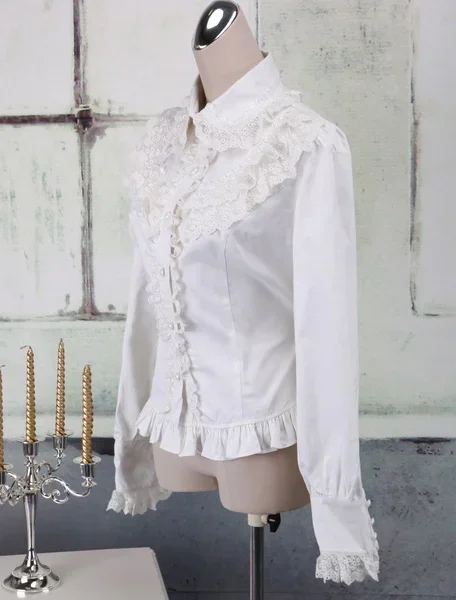 White Cotton Lolita Blouse Long Sleeves Lace Trim Turn-down Collar Ruffles Victorian  Sweet Lolita