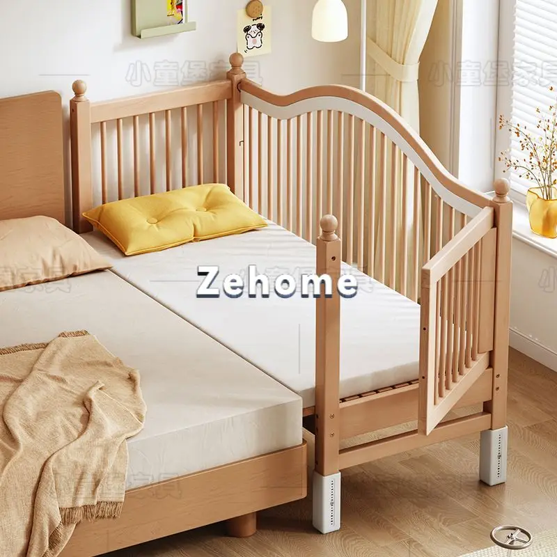 Castle Style Kids Bed Solid Beech Wood Side Extender Bed Widened Baby Single Crib For Children