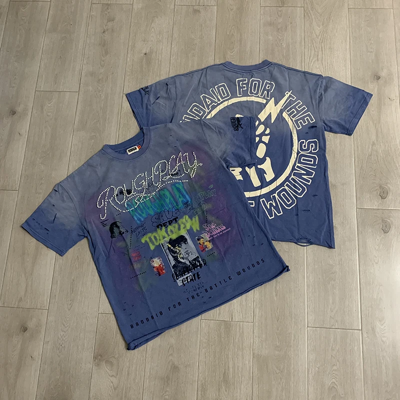 Rough Play Unisex Short Sleeve T‑Shirt Gradient Washed Distressed Rhinestone Graffiti Loose Street Top