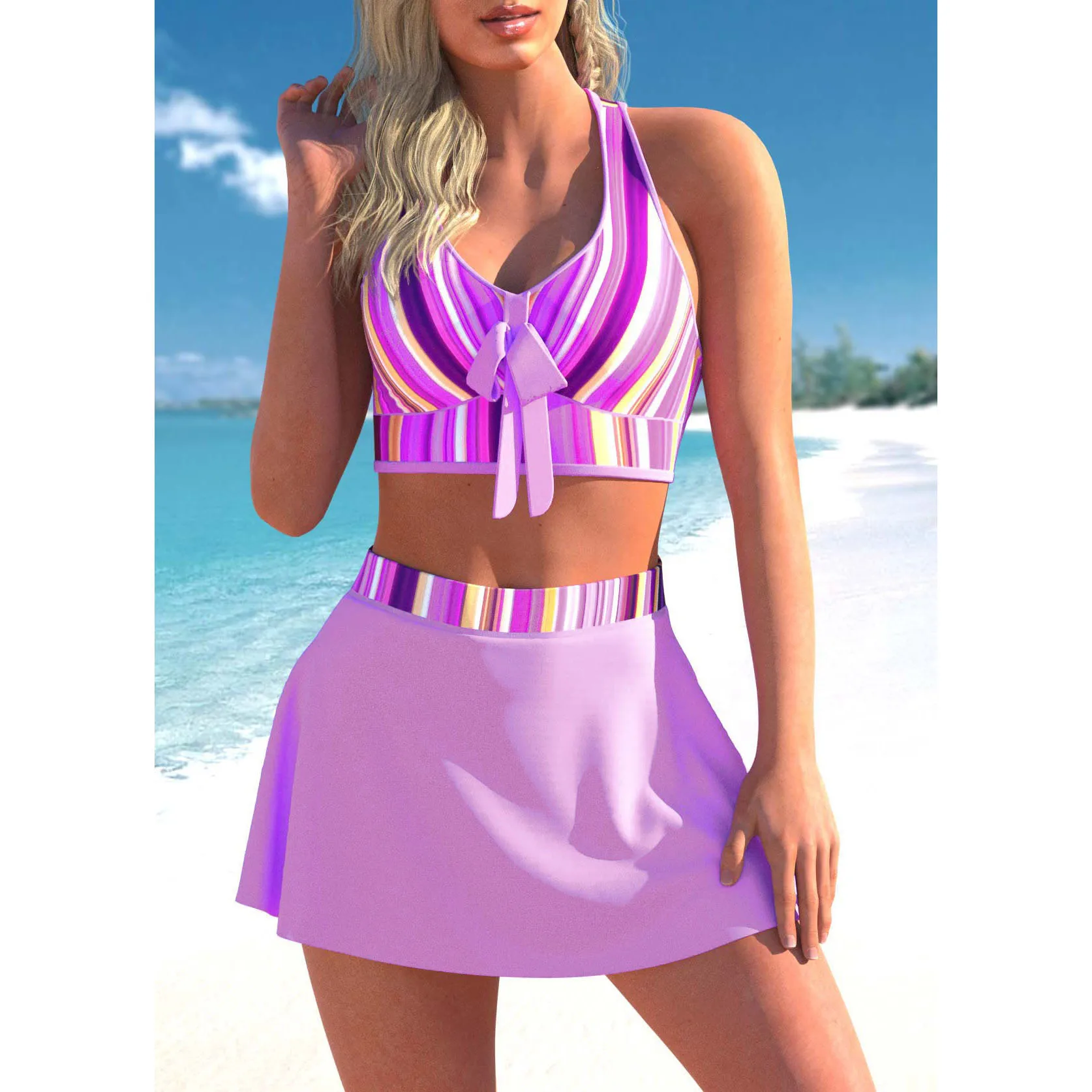 Tankiniset voor zomervakantie voor dames - Badpak met hoge stretch en ronde hals met willekeurige print, gebreide stof 2-delige tropische bikini