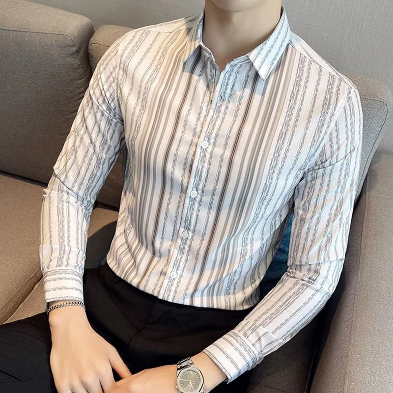 Fashion Lapel Button Loose Printed Striped Shirts Men\'s Clothing 2023 Autumn New Oversized Casual Tops All-match Shirt