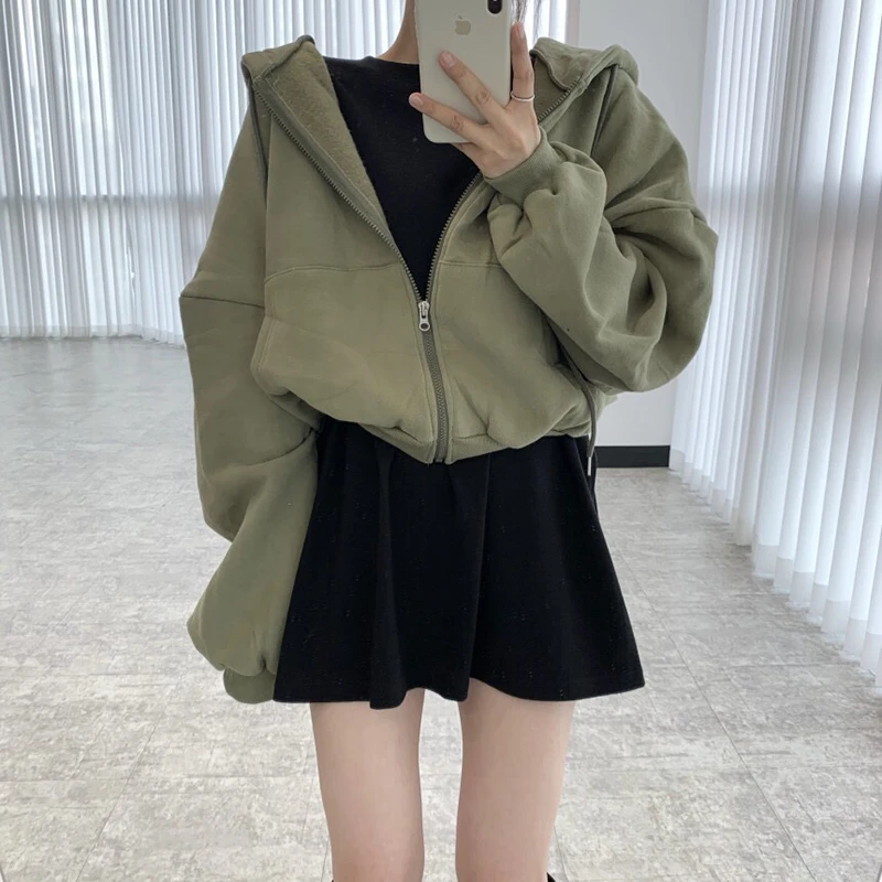 Streetwear Cropped Hoodies Women Solid Oversized Zipper Short Sweatshirt Harajuku Korean Simple Casual All Match Hooded Jacket