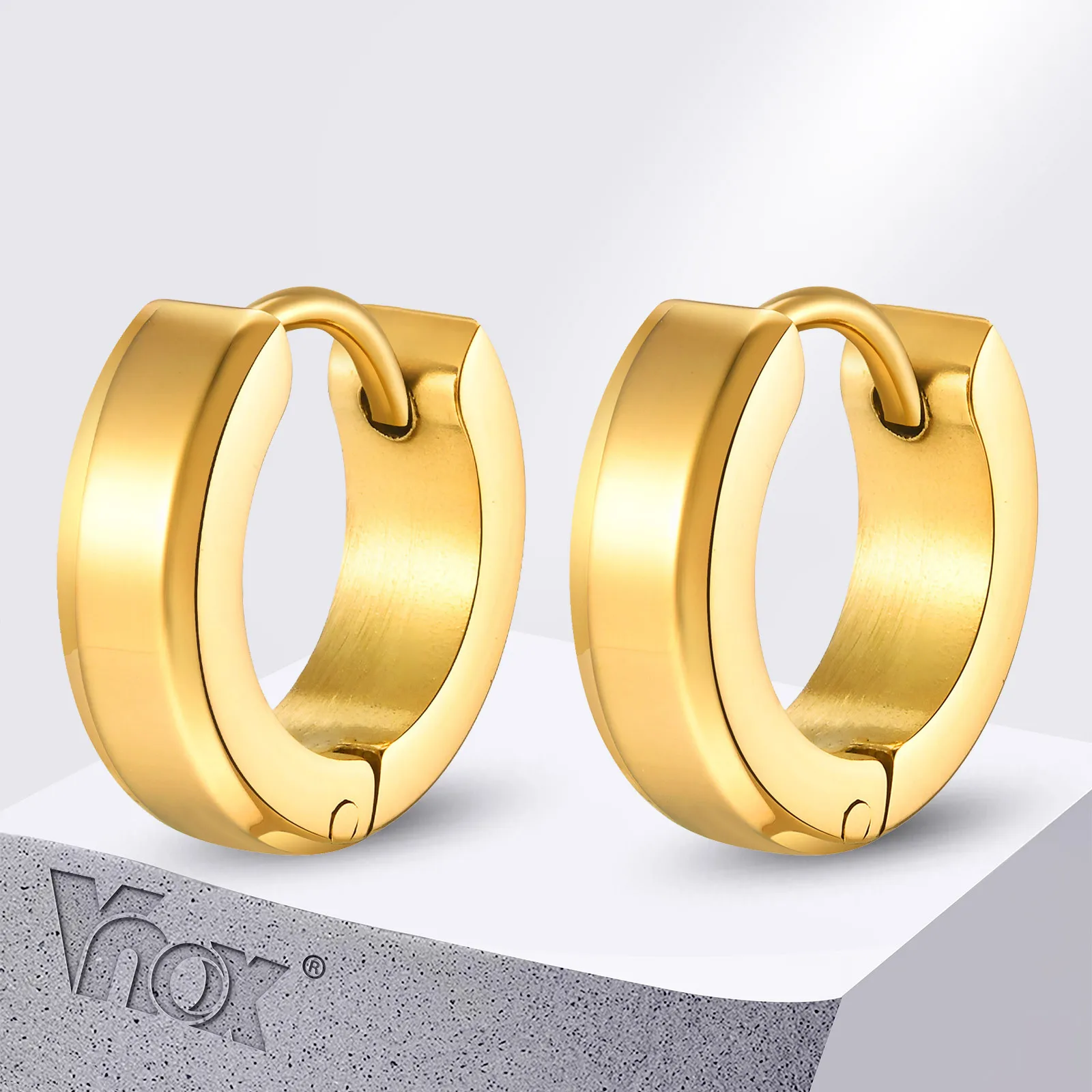 Vnox Anti Allergy Stainless Steel Bevel Edge Hoop Earrings for Men Women, Gold Plated Glossy Metal Small Hoops Huggies Earrings