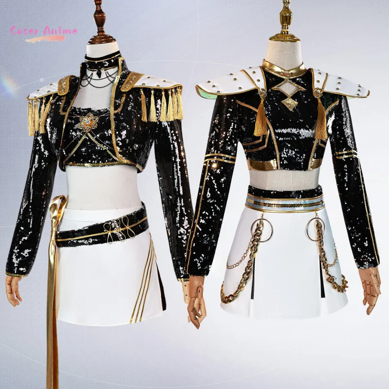 

KPop Охотники на демонов Руми Мира Зои Косплей Черное золото Сценический костюм с блестками Юбка Униформа Охотница Хэллоуин Вечеринка для женщин
