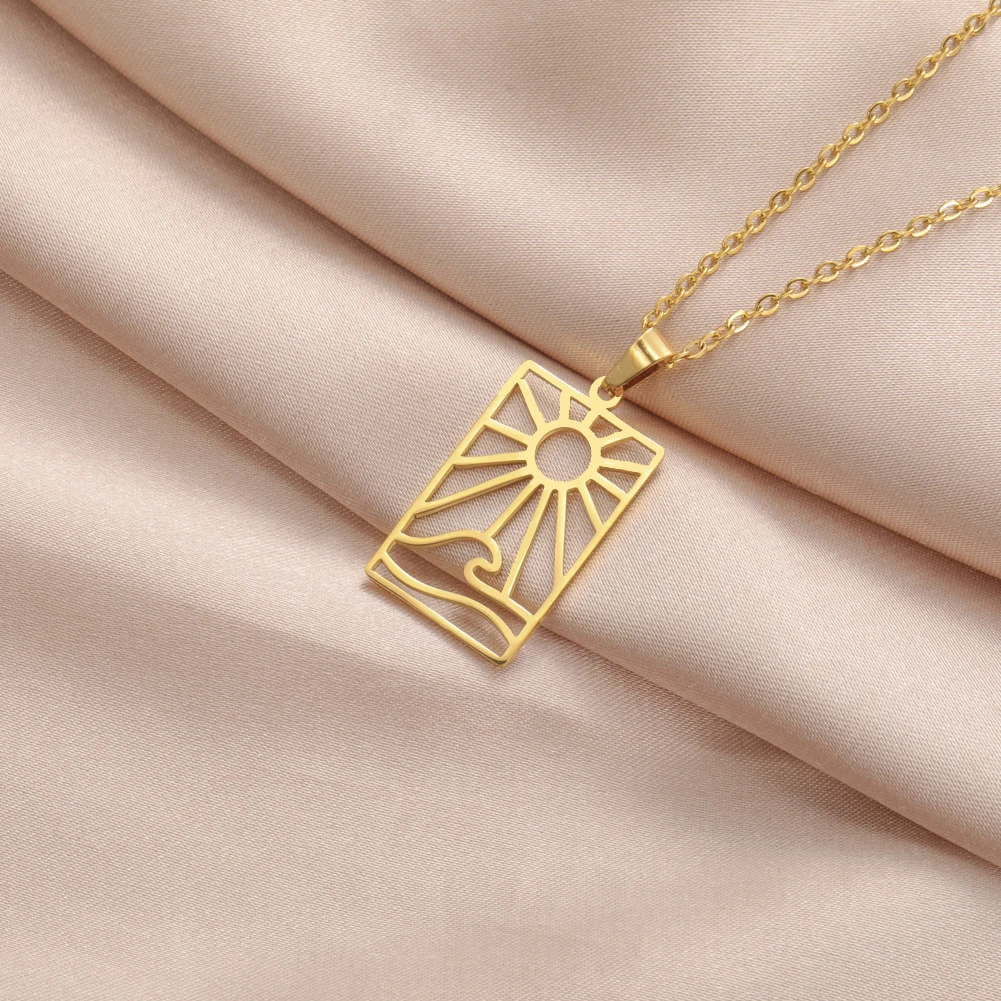 Hollow out Sun Square Brand Necklace Geometric Wave Sunrise Necklace Stainless Steel Minimalist Summer Sun Beach Wave Jewelry
