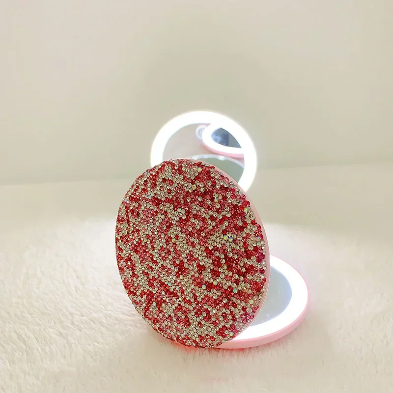 Sparkling Rhinestone LED Makeup Mirror Portable Double sided Folding Mirror Mini Round Rechargeable Handheld Mirror Girl's Gift