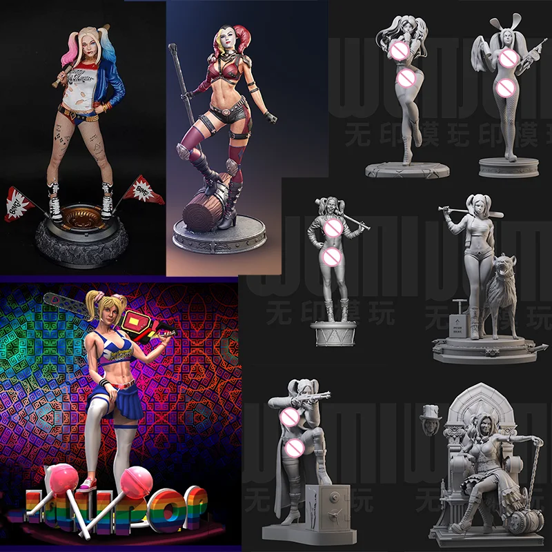 

1/24 1/18 Scale DIY Self-assembled GK 3D Resin Un-panited Doll White Model Clown-style Makeup and Double Ponytails Crazy Harley
