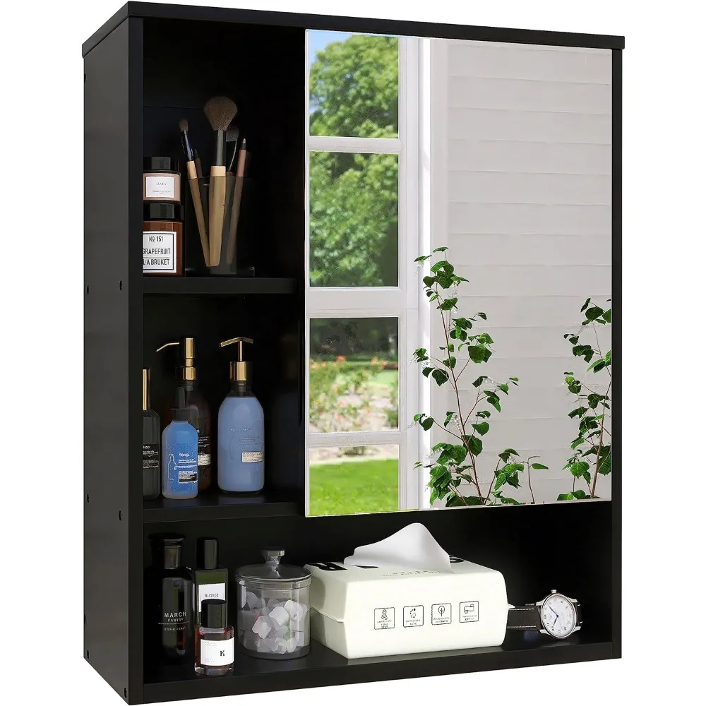 HOMirror-Armoire de Rangement Murale pour Toilettes, Porte Miroir, Étagère Réglable, Noir